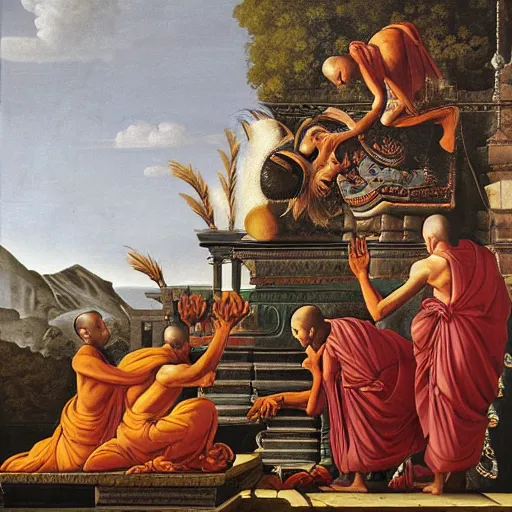 Image similar to hindu monks worshipping giant crow on greek senete baroque painting, lionardo davinchi