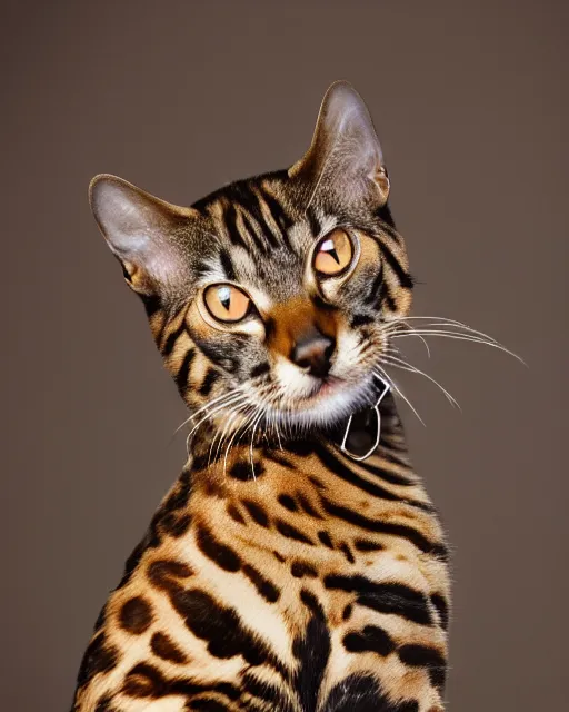 Image similar to medium format Bengal Cat Photography, Hyperreal, 8k in the style of Annie Leibovitz