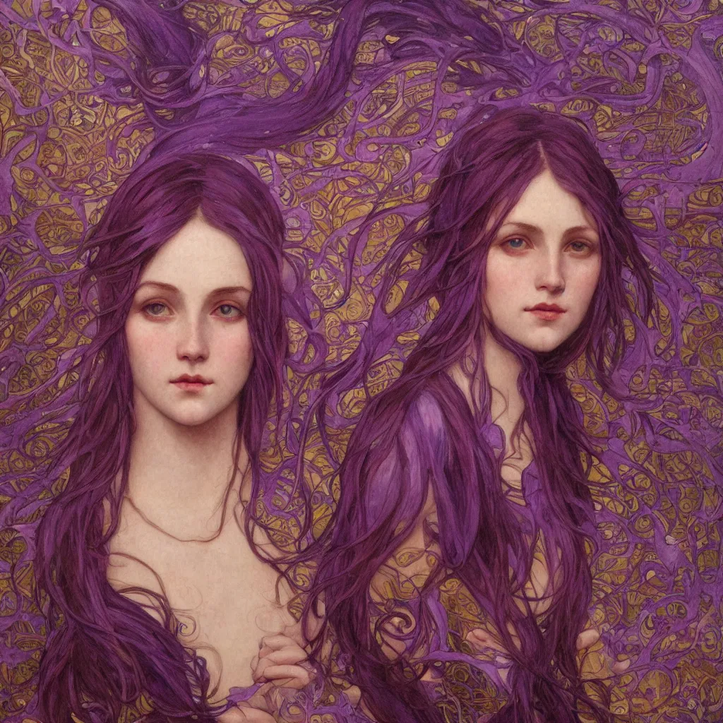 Image similar to purple, character portrait of purple energy, by waterhouse, by mucha, lean face, symmetrical face, face symmetry, cinematic lighting, beautiful, elegant, oil painting, cinematic, portrait, raphaelite, trending on artstation, intricate background, concept art