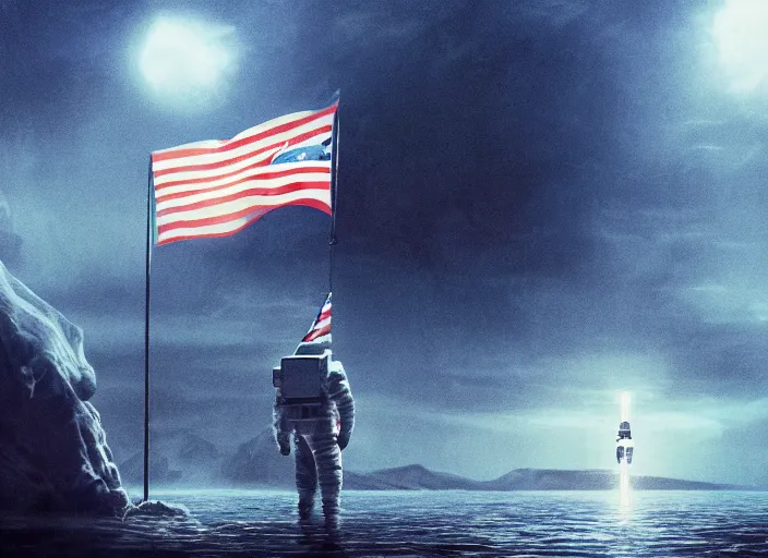 Image similar to astronaut holding a flag in an underwater desert. a submarine is visible in the distance. dark, concept art, cinematic, dramatic, atmospheric, 8 k, trending on artstation, blue, fish, low visibility, fog, ocean floor, christopher nolan, interstellar