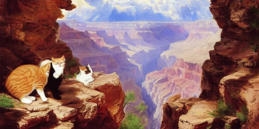 Prompt: two cats in the grand canyon, stream, thomas moran, oil painting, highly detailed, masterpiece