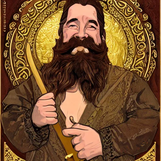 Prompt: art nouveau portrait of tom kenny as a dwarven barbarian with full luscious groomed beard, long flowing hair, a cheeky smile, gold filigree, mucha