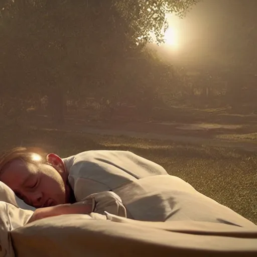 Prompt: a priest sleeping against a twisting wicker coffin, foggy, sun rays, cinematic shot, photo still from movie by denis villeneuve, wayne barlowe