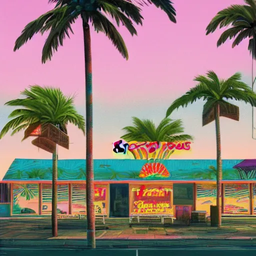 Image similar to psychedelic beachfront fast food restaurant with palm trees by simon stalenhag