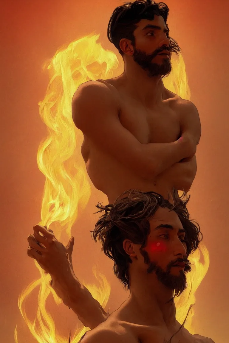 Image similar to portrait of a beautiful young fit male spirit with fire hairs and coal skin, luminous, by greg rutkowski and alphonse mucha, d & d character, gradient red to yellow, in front of a desert background, highly detailed portrait, digital painting, artstation, concept art, smooth, sharp focus ilustration, artstation hq