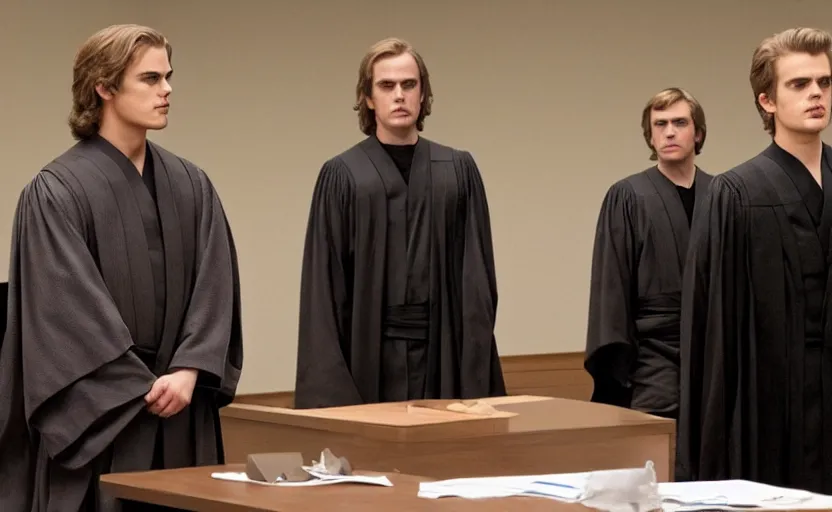 Prompt: anakin skywalker played by hayden christensen in jedi robes talking to a lawyer saul goodman suit in court, us court, better call saul scene 1 0 8 0 p, court session images, realistic faces