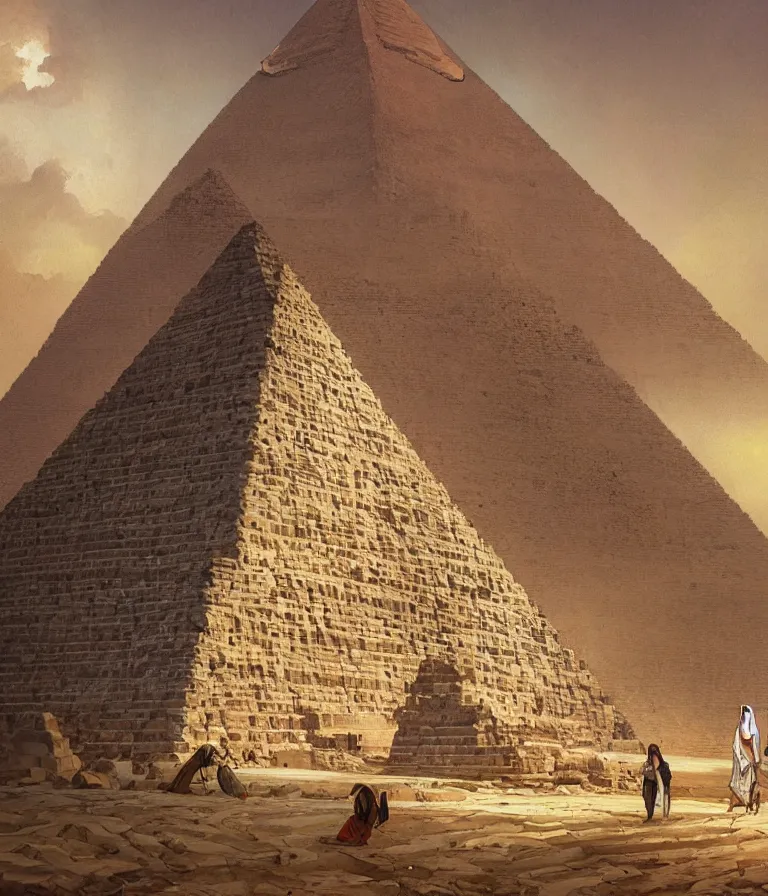 Prompt: great pyramid of giza in perfect condition, gleaming white, golden tip, concept art, stylized, intricate detail, smooth, sharp focus, colourful, art by artgerm and greg rutkowski and alphonse mucha,