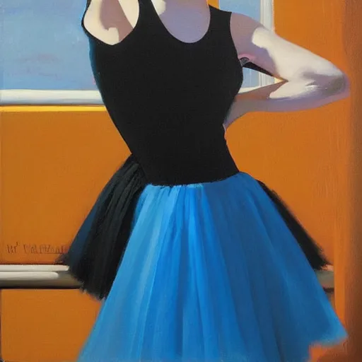 Prompt: artwork portrait painting of a ballet dancer in a black tutu standing in front of a window showing a perfect blue sky by jack vettriano h 6 4 0