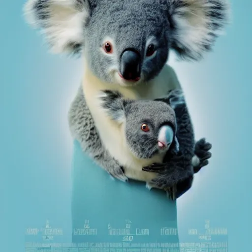 Prompt: Poster for a film about A man and his pet koala, the two characters in foreground, light blue background, minimalist, aesthetic, pinterest, simplistic, film grain, indie film