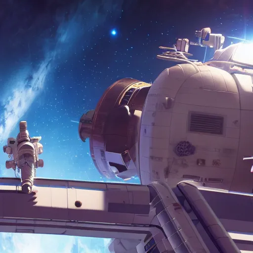 Prompt: space station in front of a nebulae,, album cover, no text, studio ghibli, pixar and disney animation, sharp, rendered in unreal engine 5, anime key art by greg rutkowski, bloom, dramatic lighting