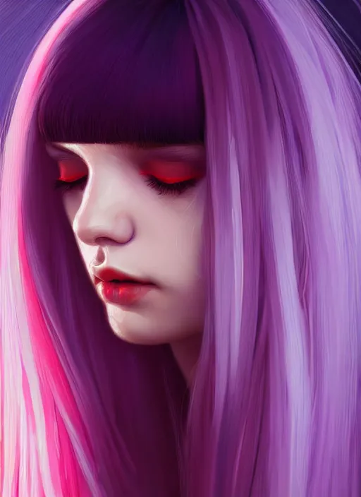 Image similar to hair whitebangs hair, black hair, whitebangs, portrait of teenage girl with white bangs, red irises, purple clothes, white bangs, bangs are different color from hair, intricate, elegant, glowing lights, highly detailed, digital painting, artstation, concept art, smooth, sharp focus, illustration, art by wlop, mars ravelo and greg rutkowski