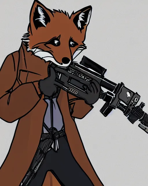 Image similar to a fox wearing a black trench - coat holding a diamond studded mini - gun, comic art style, digital art,