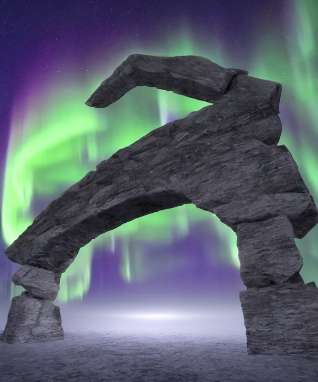 Image similar to portal to another dimension, stone archway, aurora borealis, mysticism, photorealistic, fog