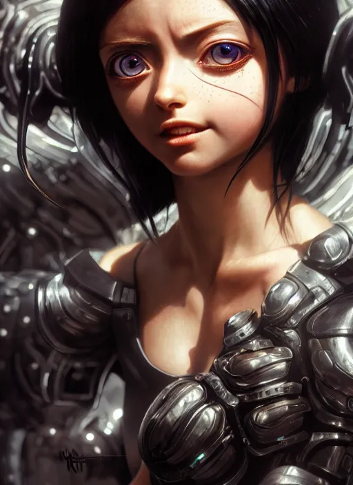 Image similar to alita battle demon, naturel, hyper detailed, digital art, trending in artstation, cinematic lighting, studio quality, smooth render, unreal engine 5 rendered, octane rendered, art style by klimt and nixeu and ian sprigger and wlop and krenz cushart