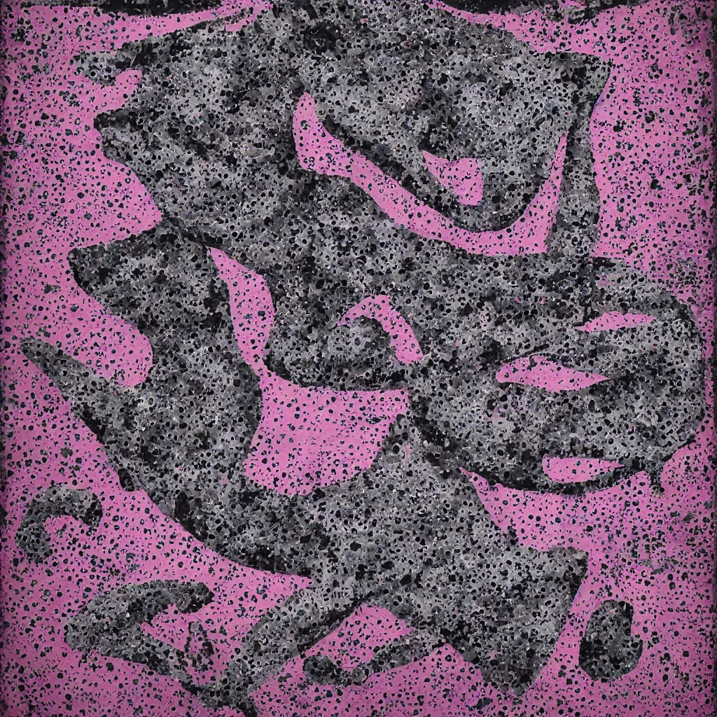 Image similar to camo made of out teeth, smiling, abstract, maya bloch artwork, pink convertible, do hoang tuong artwork, cryptic, dots, stipple, lines, splotch, concrete, color tearing, pitch bending, faceless people, tribal, dark, ominous, eerie, minimal, points, technical, painting