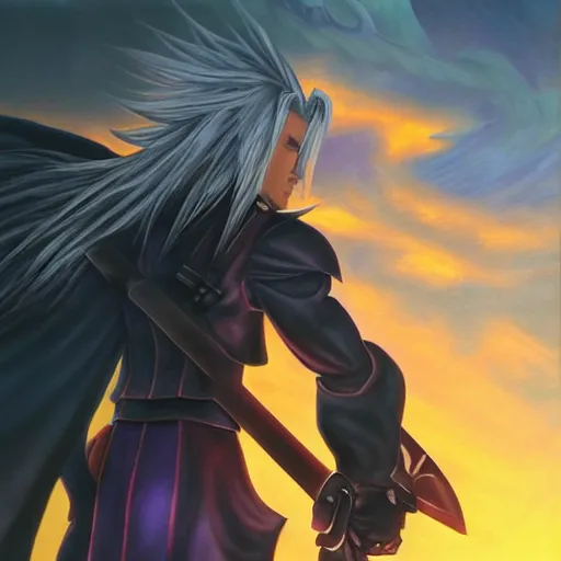 Image similar to painting of sephiroth from final fantasy 7!!!!!, watching a purple and orange sunset!!, from the black mage cemetery!!!, in the style of justin gerard!!!!