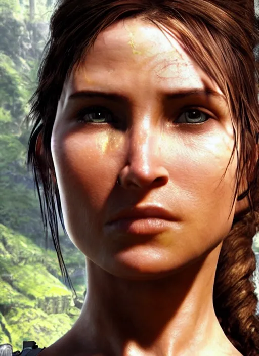 Prompt: a film still of lara croft wearing kimono, her face sweat, direct sun light, close up potrait, dramatic, cinematic,