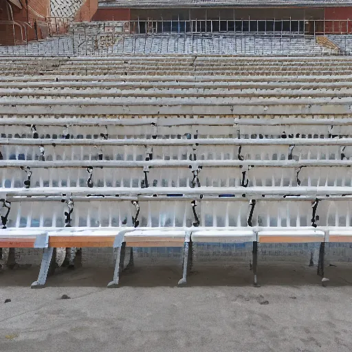 Image similar to a set of bleachers, with bottles of bleach stacked neatly on the benches