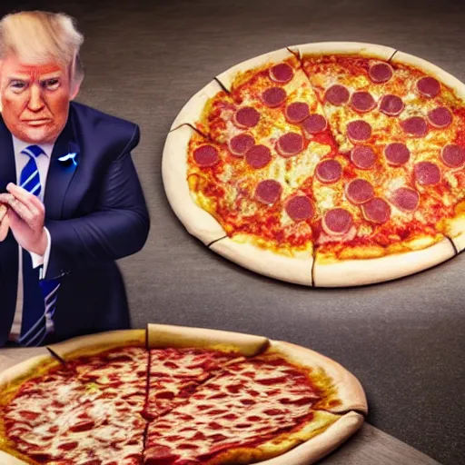 Image similar to trump making a pizza, realistic extremely detailed photo style painting of a granular detail, holographic krypton ion, octane render, 4 k, f 3 2, 5 5 mm photography, wide angle