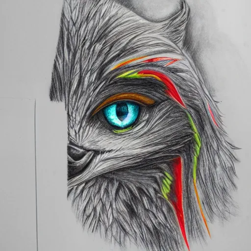 Image similar to A wide shot of griffin in the sky, colorful eyes, glowing eyes, fire, frost, angry, demonic, detailed pencil drawing, fine lines, rustic,