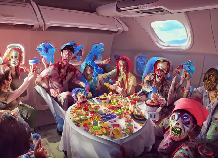 Image similar to boeing 737 cabin, a lot of zombies, birthday party, party hats, balloons, birthday cake, candles, realistic, insanely detailed, wide angle, Unreal 5 engine, trending on artstation, by Huang Guangjian and Gil Elvgren and Sachin Teng