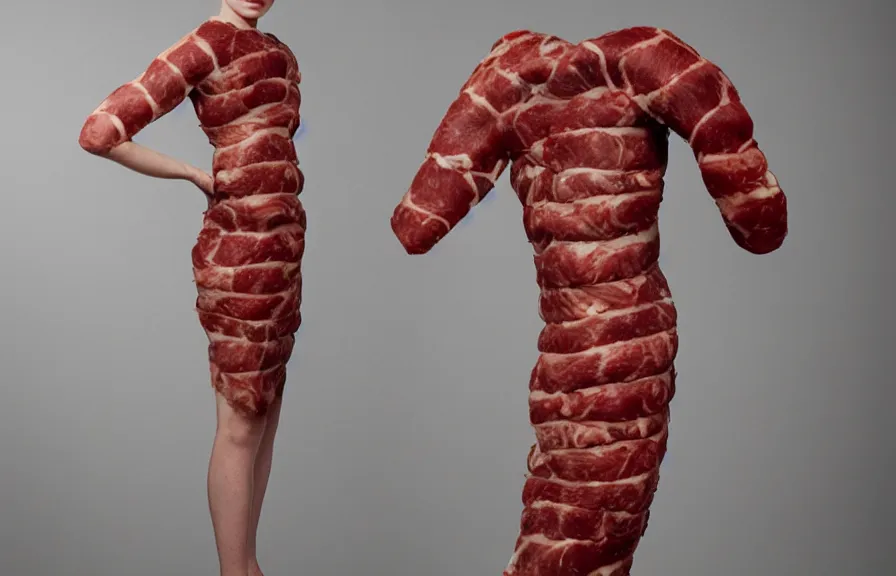 Image similar to dress made out of meat, catalogue photograph