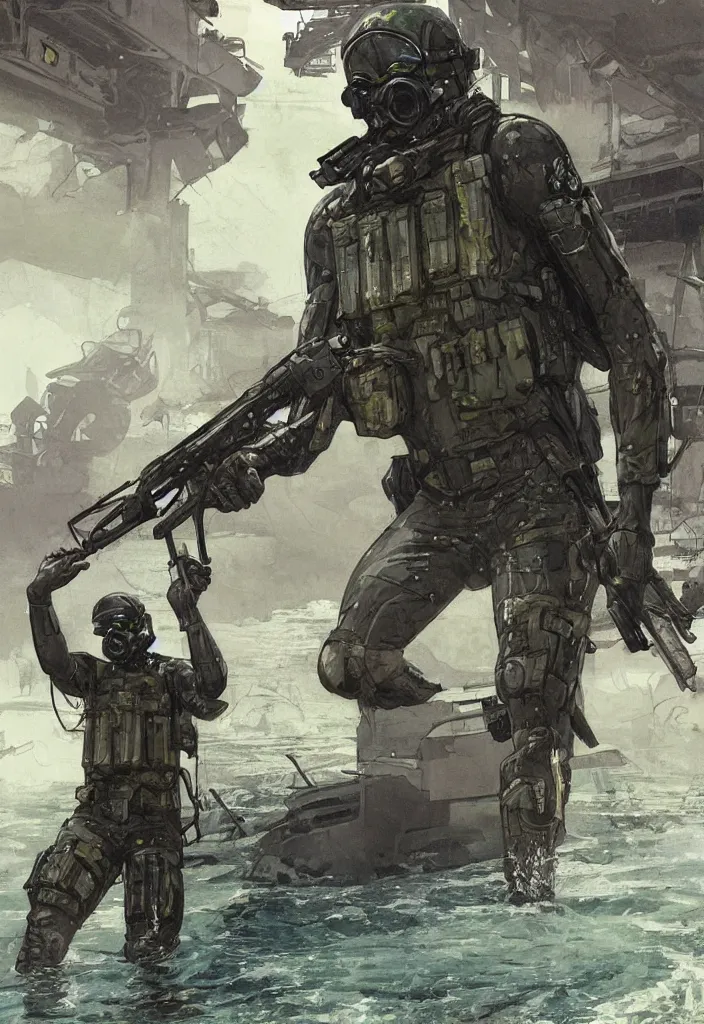 Image similar to Chidi. USN blackops operator emerging from water at the shoreline. Operator wearing Futuristic cyberpunk tactical wetsuit and looking at an abandoned shipyard. Frogtrooper. rb6s, MGS, and splinter cell Concept art by James Gurney, greg rutkowski, and Alphonso Mucha. Vivid color scheme.