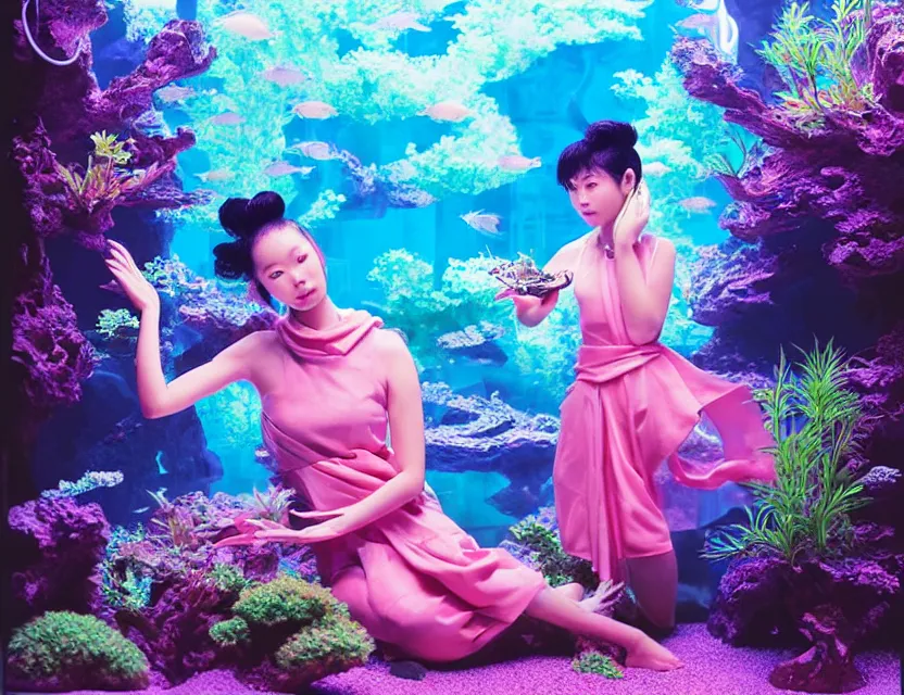 Prompt: southeast asian scifi alchemist in an aquascaped freshwater aquarium, wearing a lovely dress with vaporwave elements. this oil painting by the award - winning mangaka has an interesting color scheme and impeccable lighting.