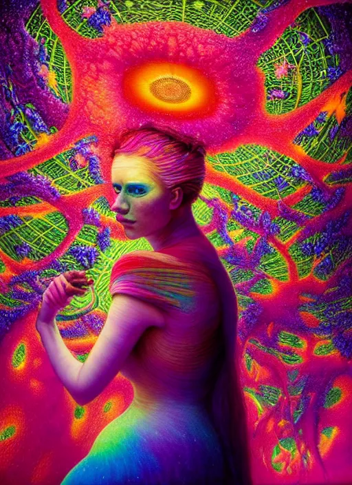 Image similar to hyper detailed 3d render like a Oil painting - Aurora (evocative cyberpunk and oil rainbow faced Singer) seen Eating of the Strangling network of yellowcake aerochrome and milky Fruit and Her delicate Hands hold of gossamer polyp blossoms bring iridescent fungal flowers whose spores black out the foolish stars by Jacek Yerka, Mariusz Lewandowski, Houdini algorithmic generative render, Abstract brush strokes, Masterpiece, Edward Hopper and James Gilleard, Zdzislaw Beksinski, Mark Ryden, Wolfgang Lettl, hints of Yayoi Kasuma, octane render, 8k