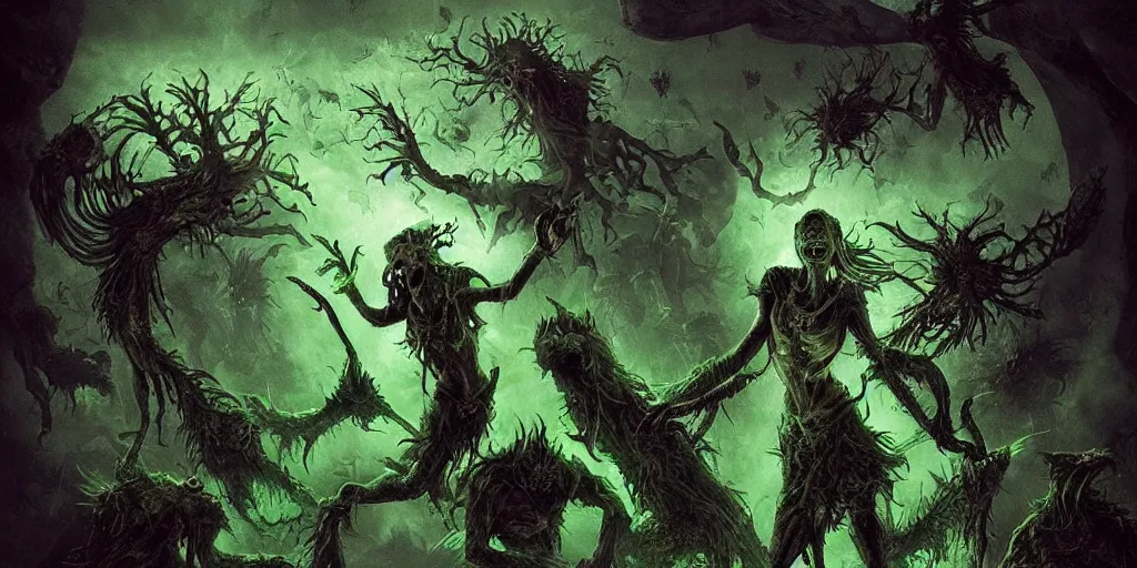 Image similar to A hauntedly beautiful yet grotesque wraith of pestilence and disease glowing with green ethereal light, with arms outstretched she hovers atop a hoard of swarming undead rats, high quality, hyperdetailed, fantasy,