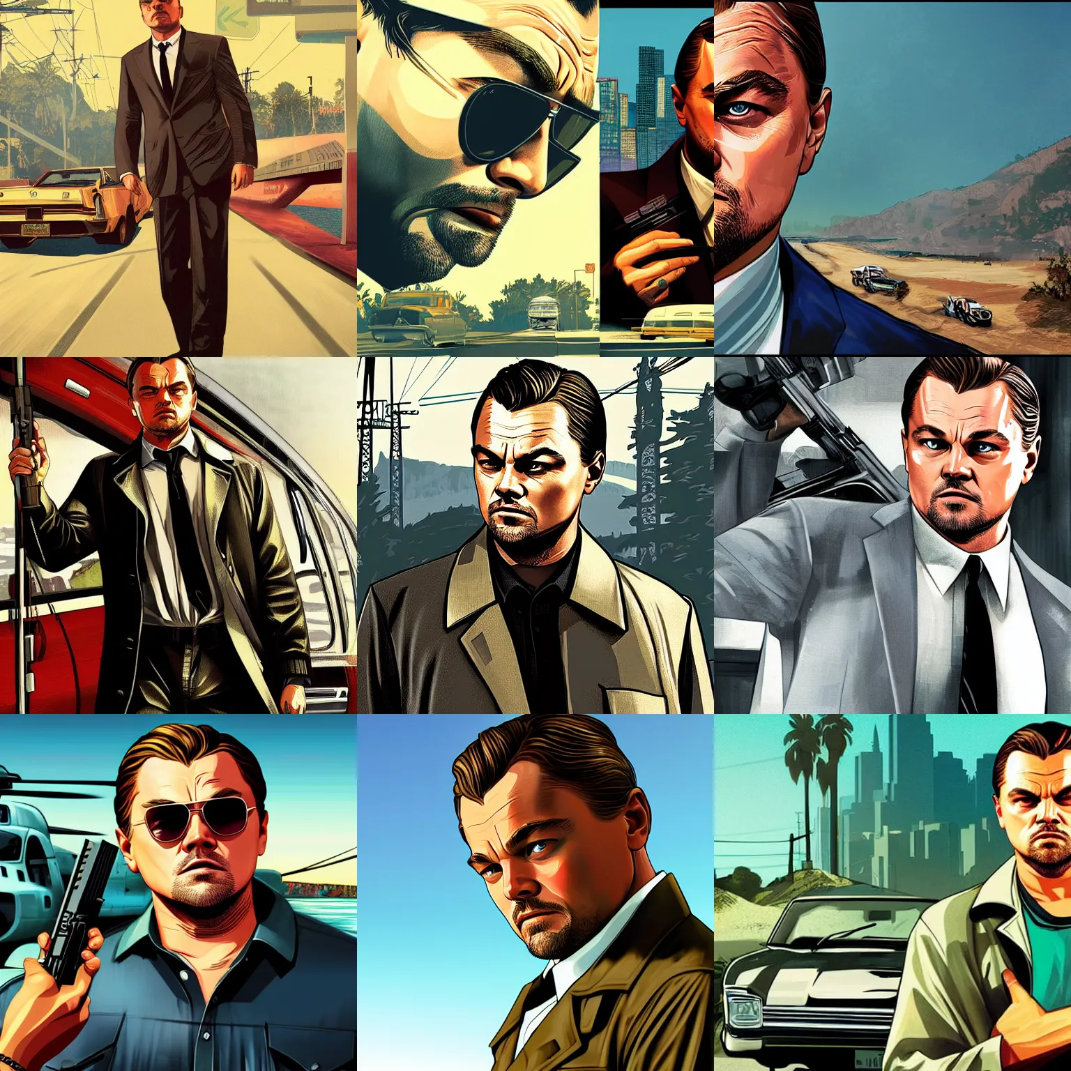 Prompt: leonardo dicaprio in gta v promotional art by stephen bliss, no text, very detailed, high quality, dramatic lighting, great likeness