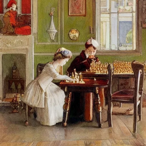 Image similar to a rabbit and a young edwardian woman playing chess in a room, in the style of carl larsson