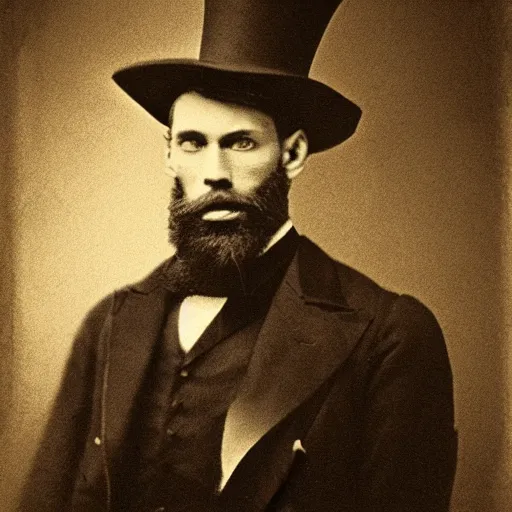 Prompt: A photograph portrait of Jerma in the mid-late 1800s with a top hat and beard, taken in the mid-late 1800s, grainy, taken on a Field View Camera, realistic, hyperrealistic, very realistic, highly detailed, very detailed, extremely detailed, detailed, digital art, trending on artstation