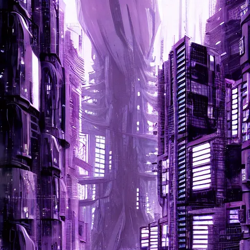 Image similar to Futuristic Concrete Dense Tokyo in style of Tsutomu Nihei in purple and black tones. ArtStation, Cyberpunk, vertical symmetry, 8K, Highly Detailed, Intricate, Album Art.