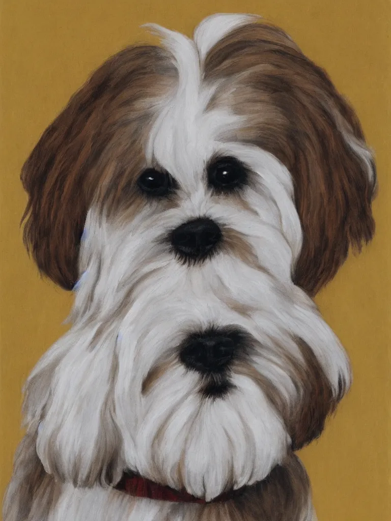 Image similar to self portrait of a cream colored havanese dog with strong eyebrows, by frieda kahlo