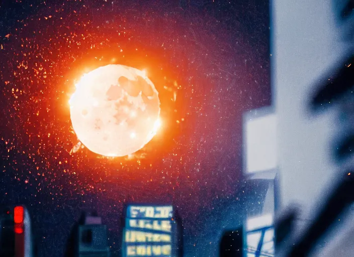 Image similar to film still of the moon shattering into pieces exploding moon over time square in the new disaster, 8 k, night time