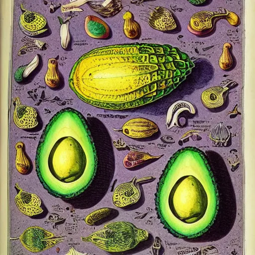 Prompt: a page from codex seraphinianus of blueprint of merging of emma watson with avocado