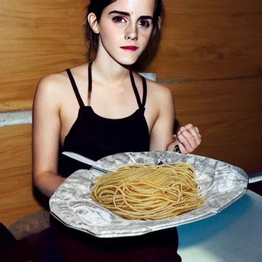 Image similar to Emma Watson eating too much spaghetti