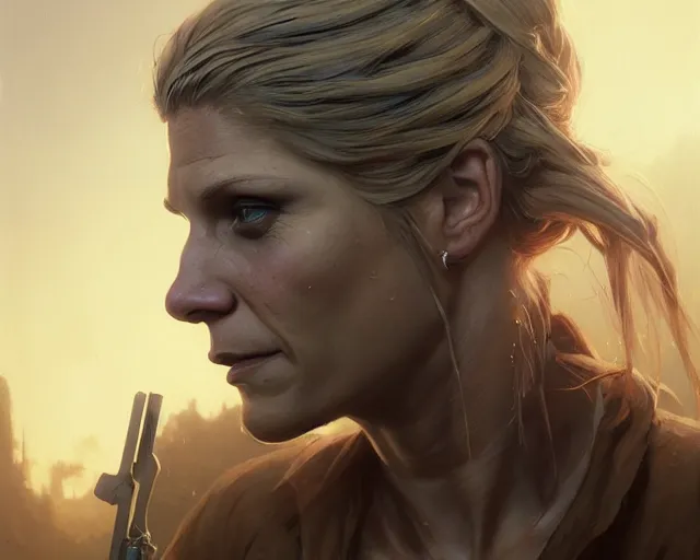 Image similar to highly detailed portrait of katee sackhoff, in the walking dead, stephen bliss, unreal engine, fantasy art by greg rutkowski, loish, rhads, ferdinand knab, makoto shinkai and lois van baarle, ilya kuvshinov, rossdraws, tom bagshaw, global illumination, radiant light, detailed and intricate environment