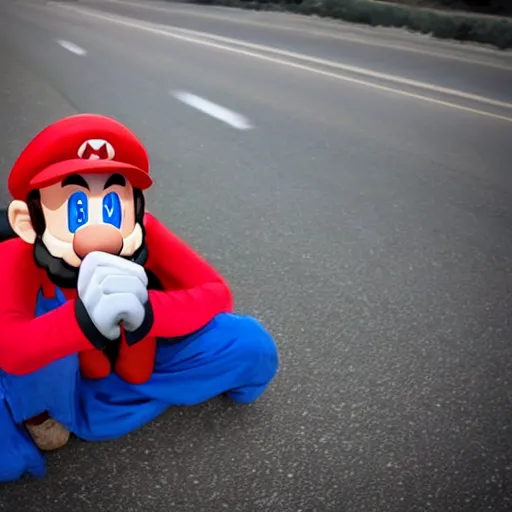 Prompt: a homeless angry man wearing mario's hat pointing the middle finger at the camera, on the side of a road, he is sitting on a sleeping bag.