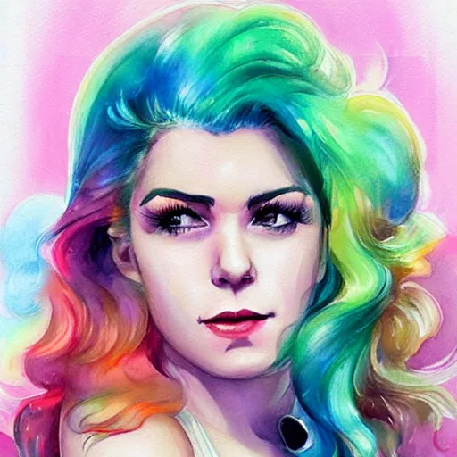 Image similar to marina diamandis, trending on arstation, by vanessa lemena dn charlie bowater, colorful pastels watercolor artwork painting