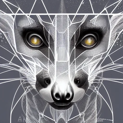 Prompt: geometric symmetrical synthetic lemur, moon in the background, intricate, elegant, highly detailed, digital painting, artstation, concept art, smooth, sharp focus, illustration, art by artgerm