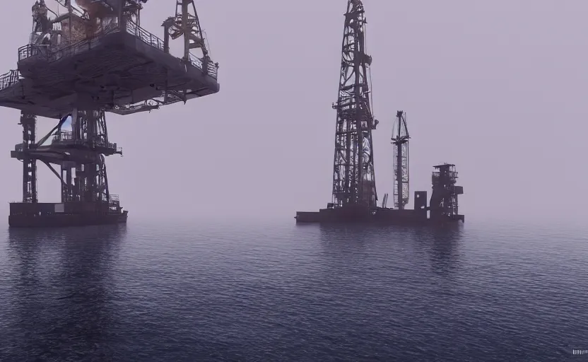 Prompt: old offshore oil rig, directed by charlie kaufman ( 2 0 0 1 ) anamorphic lenses, a rocky shore in the foreground, foggy volumetric light morning, a beam of light from the heavens, cinematic trending on artstation in the style of greg rutkowski