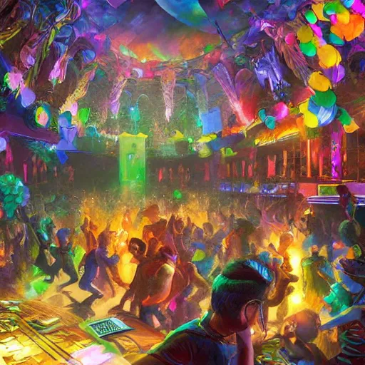 Prompt: rave dance party cryengine render by android jones, james christensen, rob gonsalves, leonid afremov and tim white