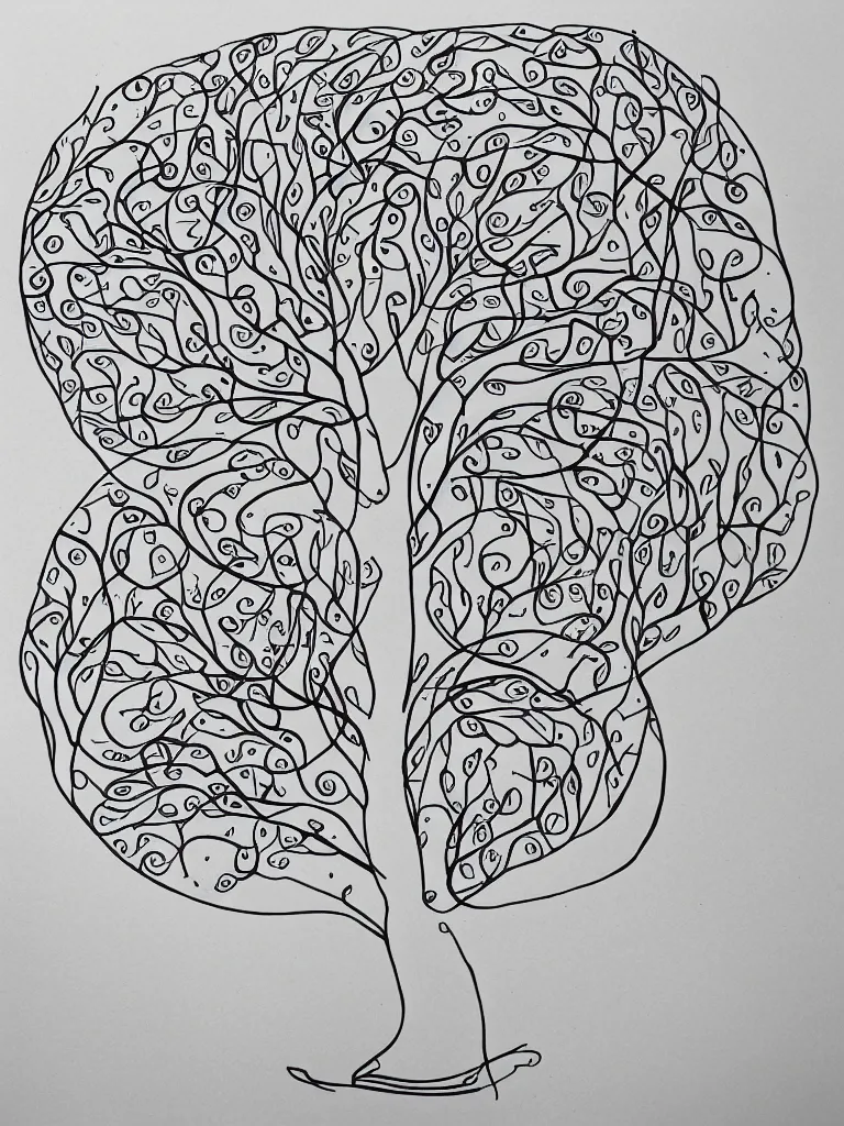 Image similar to single line drawing, acorn turns into a tree in shape of treble clef, two half bed one with bursts of color, trending on art station, continuous line drawing