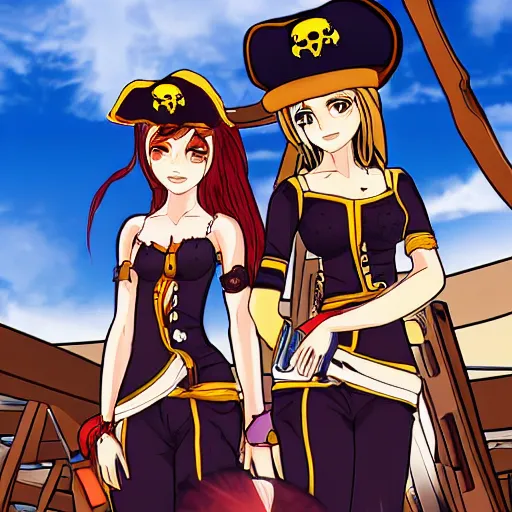 Prompt: two beautiful female pirate captains standing face to face with their crew in the back, detailed anime art