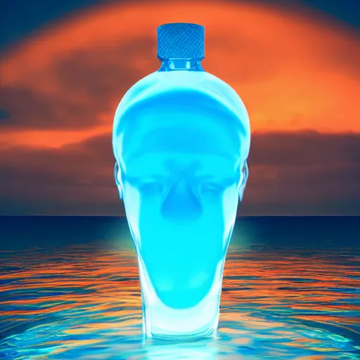 Image similar to a human head stuffed in a bottle, on the ocean water, futuristic, glowing, hyper realistic, ray tracing, realistic water splashes, sharp focus, long shot, 8 k resolution, cinematic, photoshop art