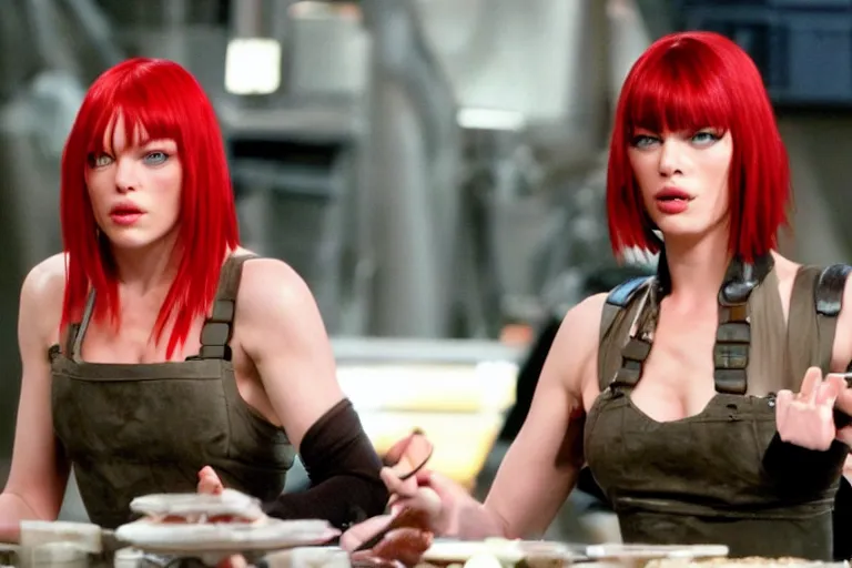 Prompt: mila jovovich as leeloo from the 5th element showing off her baking skills on america's got talent, 4k tv still, cdx