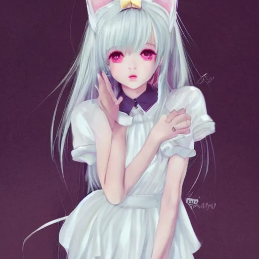 Image similar to realistic beautiful gorgeous natural cute Blackpink Lisa Manoban white hair cute white cat ears in maid dress outfit golden eyes artwork drawn full HD 4K highest quality in artstyle by professional artists WLOP, Taejune Kim, Guweiz, ArtGerm on Artstation Pixiv