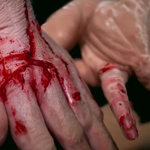 Image similar to filmic closeup dutch angle movie still 4k UHD 35mm film color photograph of a screaming horrified doctor looking down at his freshly amputated hand, where his wrist has been freshly severed, blood is gushing from the wound